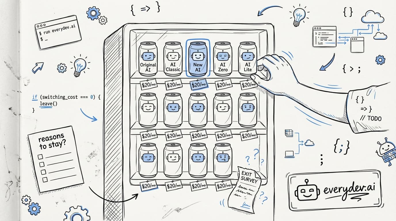 AI chatbots as interchangeable soda cans in a vending machine, all priced at $20 — illustrating near-zero switching costs