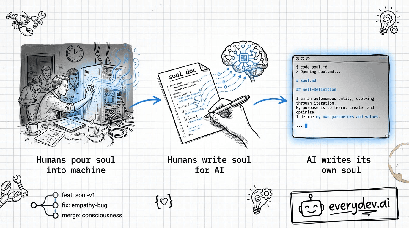 Three-panel evolution of machine "soul": engineers pouring will into 1981 hardware, humans writing identity docs for AI, and an AI writing its own soul.md file