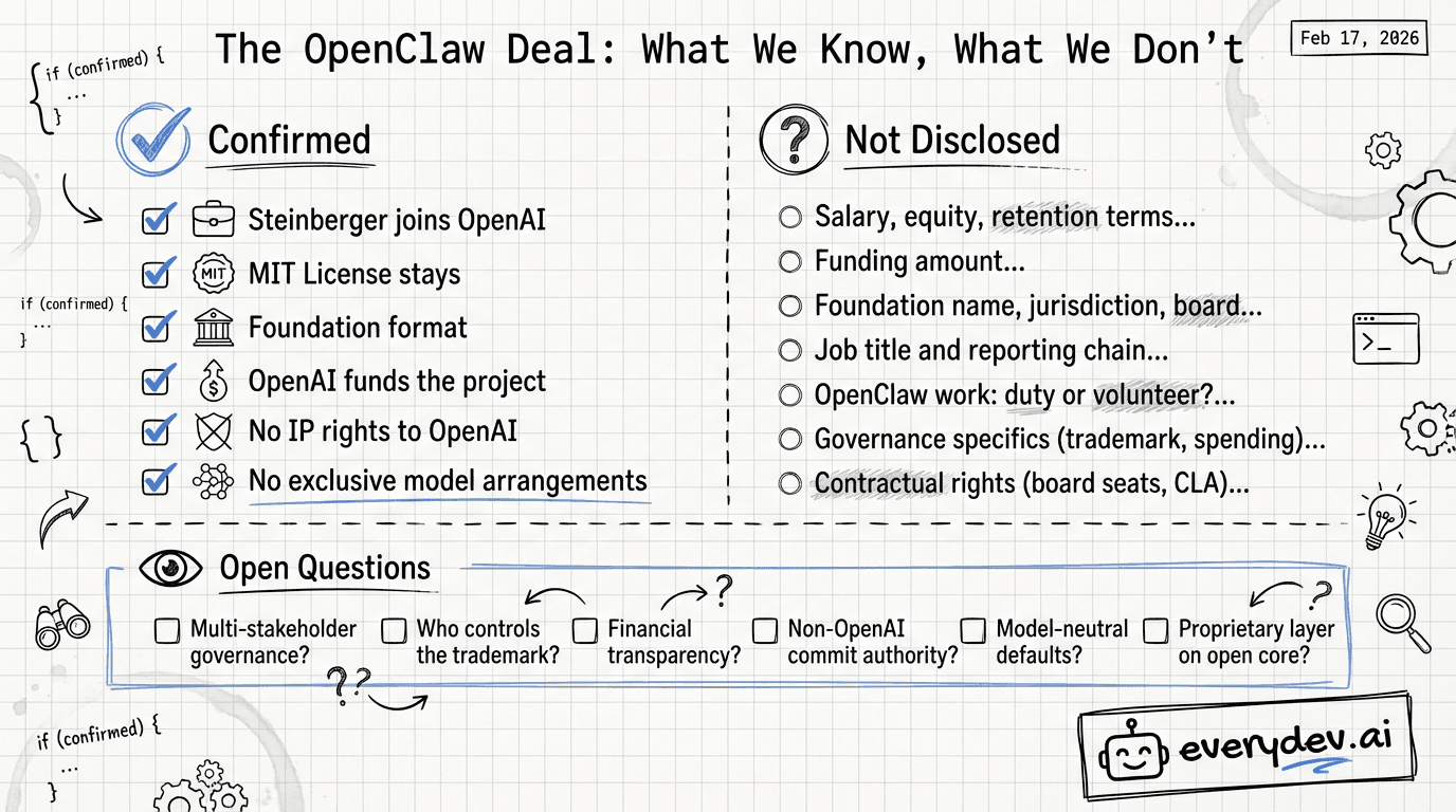 OpenClaw-OpenAI deal breakdown: six confirmed terms, seven undisclosed details, and six open governance questions still unanswered