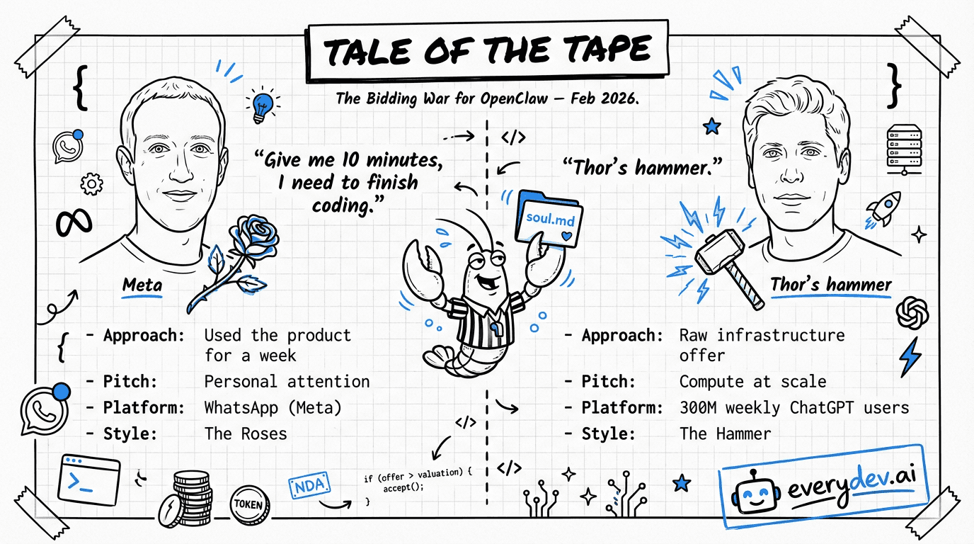 Boxing-style comparison of Zuckerberg's personal pitch versus Altman's compute offer in the bidding war for OpenClaw, with the lobster mascot as referee