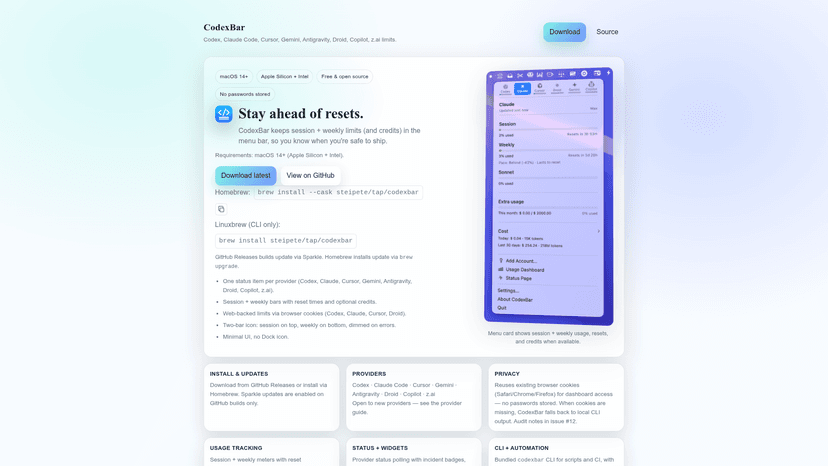 CodexBar - Codex CLI macOS Menu Bar App | EveryDev.ai
