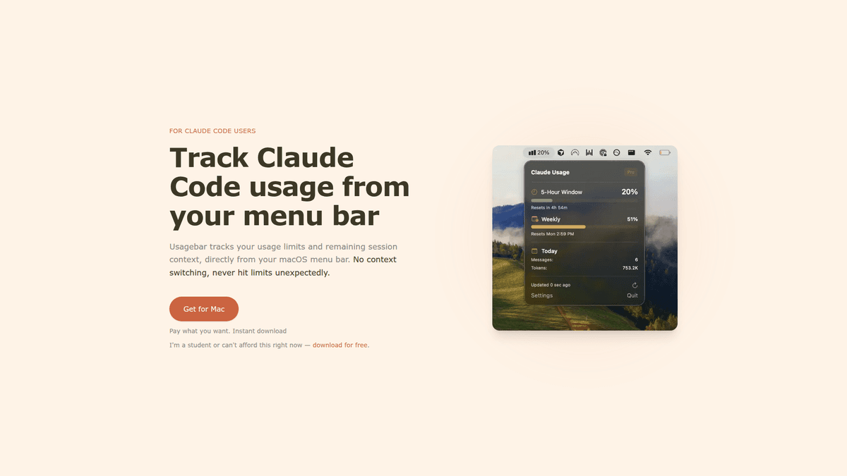 Usagebar - Claude Code Usage Monitor for Mac | EveryDev.ai