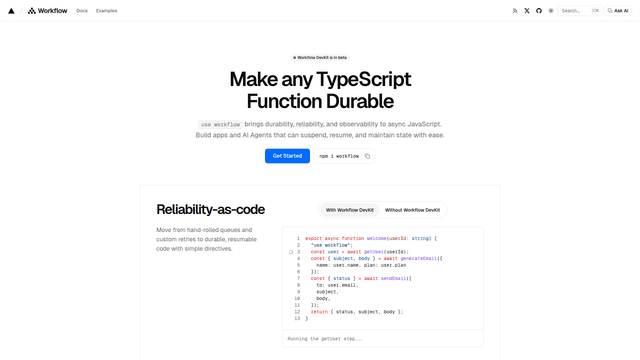 Workflow Library Js Workflow DevKit - Durable JavaScript Workflow Toolkit | EveryDev.ai
